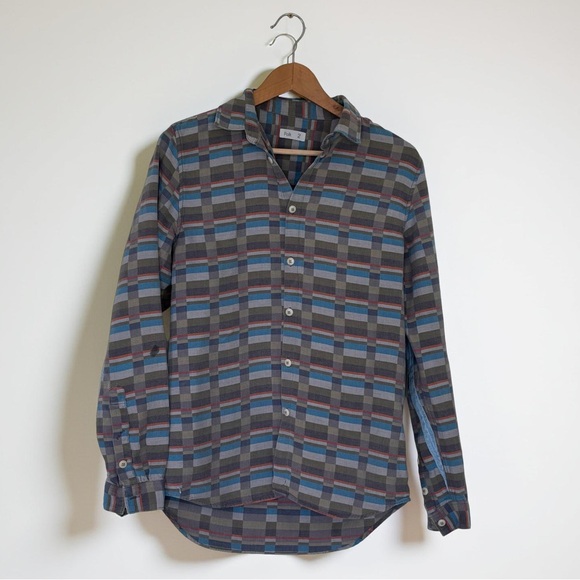 Folk Plaid Denim Trim Button Down Shirt Size Small - Picture 1 of 6